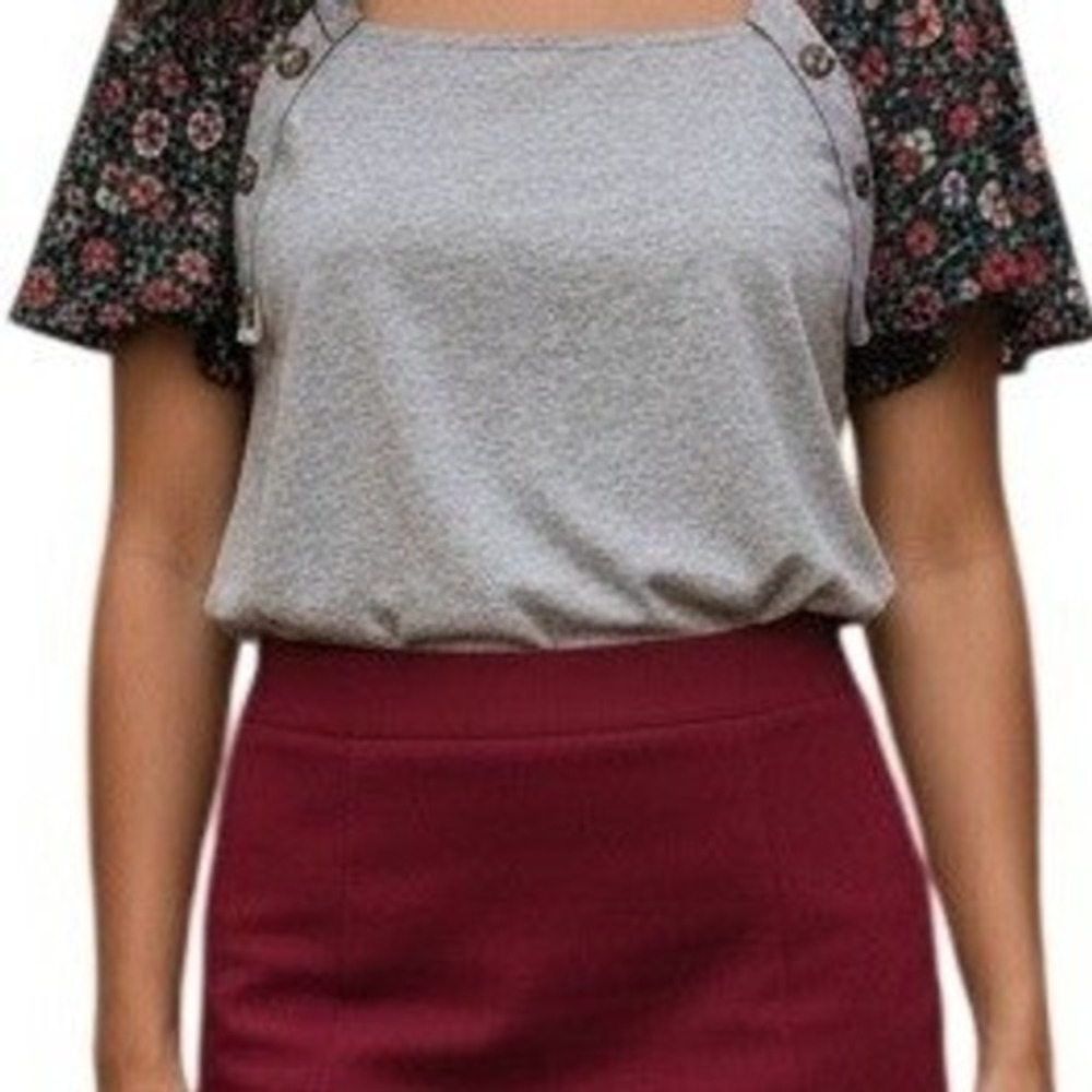 ANTHROPOLOGIE POSTMARK Amberly Gray Floral‎ Mixed Media Flutter Sleeve Top Sl